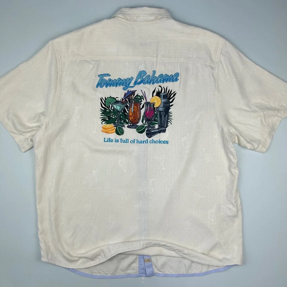 Tommy Bahama Mens XL Hard Choices Cocktail Embroidered Silk Blend Camp Shirt - Picture 2 of 10